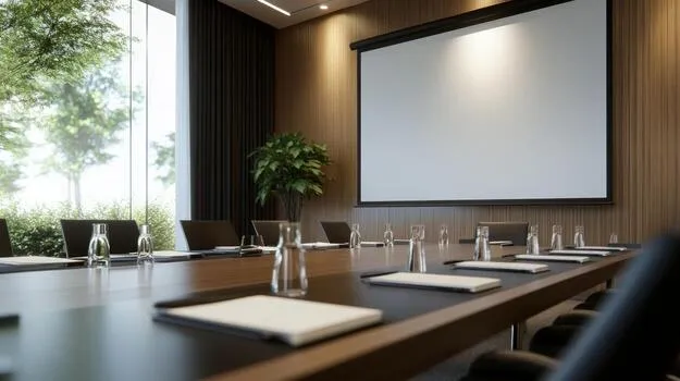 conference-room-setup-with-presentation-screen-and-natural-light-free-photo